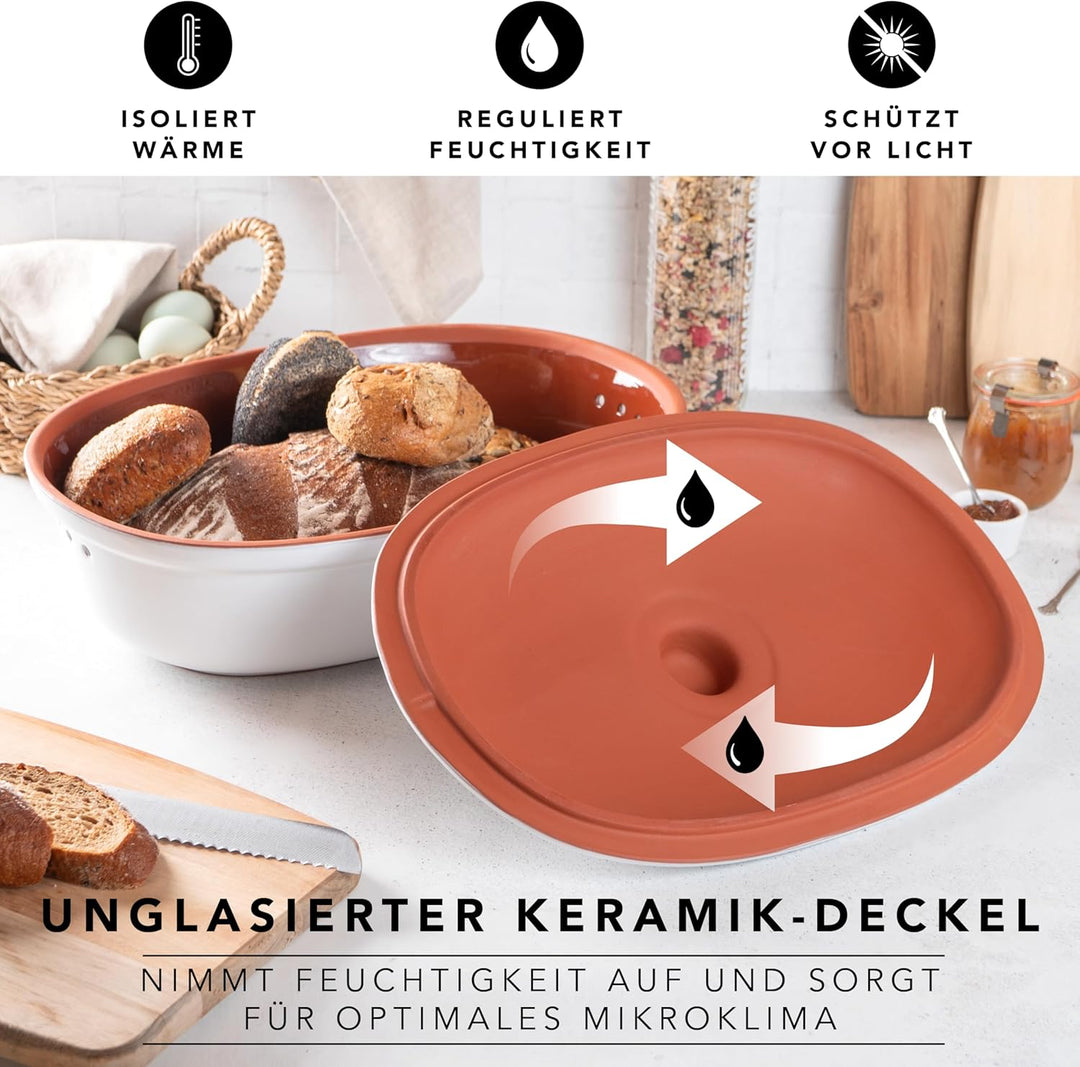 Römertopf Brottopf aus natürlicher Keramik, Brotkasten Aufbewahrungsbehälter aus Ton 6,5 Liter Singl