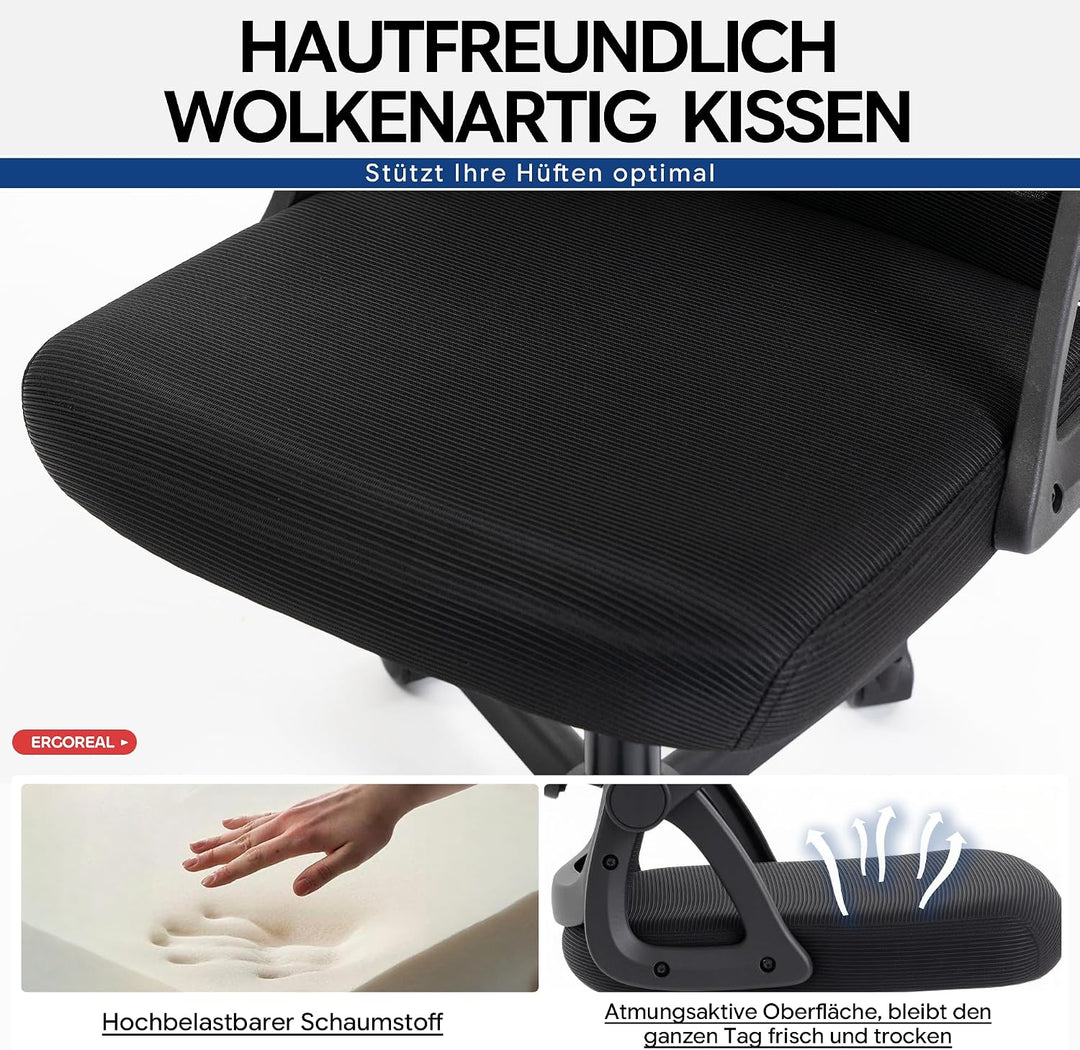 Bürostuhl ergonomisch – Schreibtischstuhl Netz, Lendenstütze 150kg | Klappbare Armlehnen, verstellba