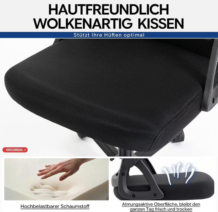 Bürostuhl ergonomisch – Schreibtischstuhl Netz, Lendenstütze 150kg | Klappbare Armlehnen, verstellba