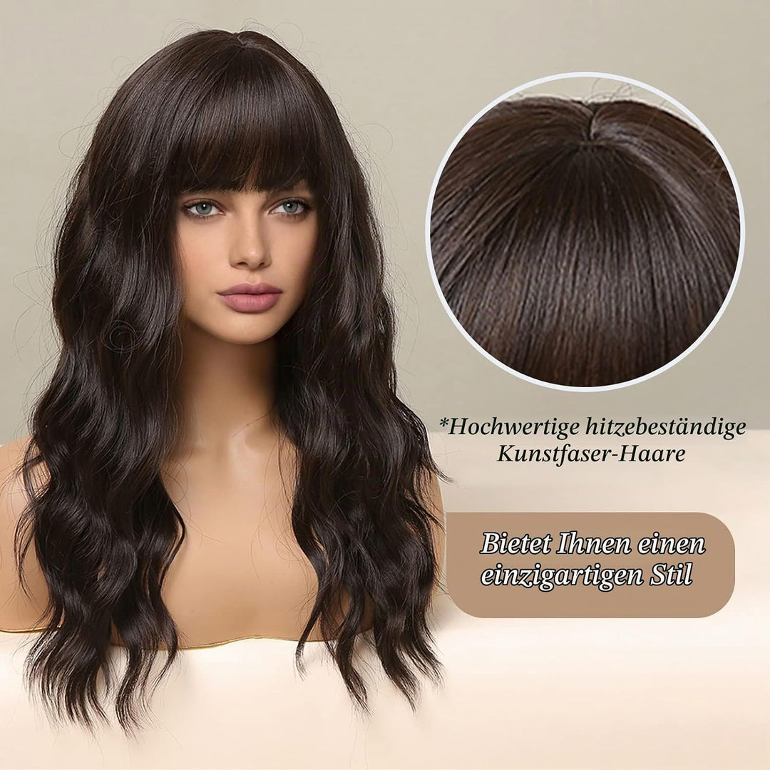 HAIRCUBE Lange lockige Perücken für Frauen dunkelbraune Perücken synthetische Perücke mit Pony -Hitz