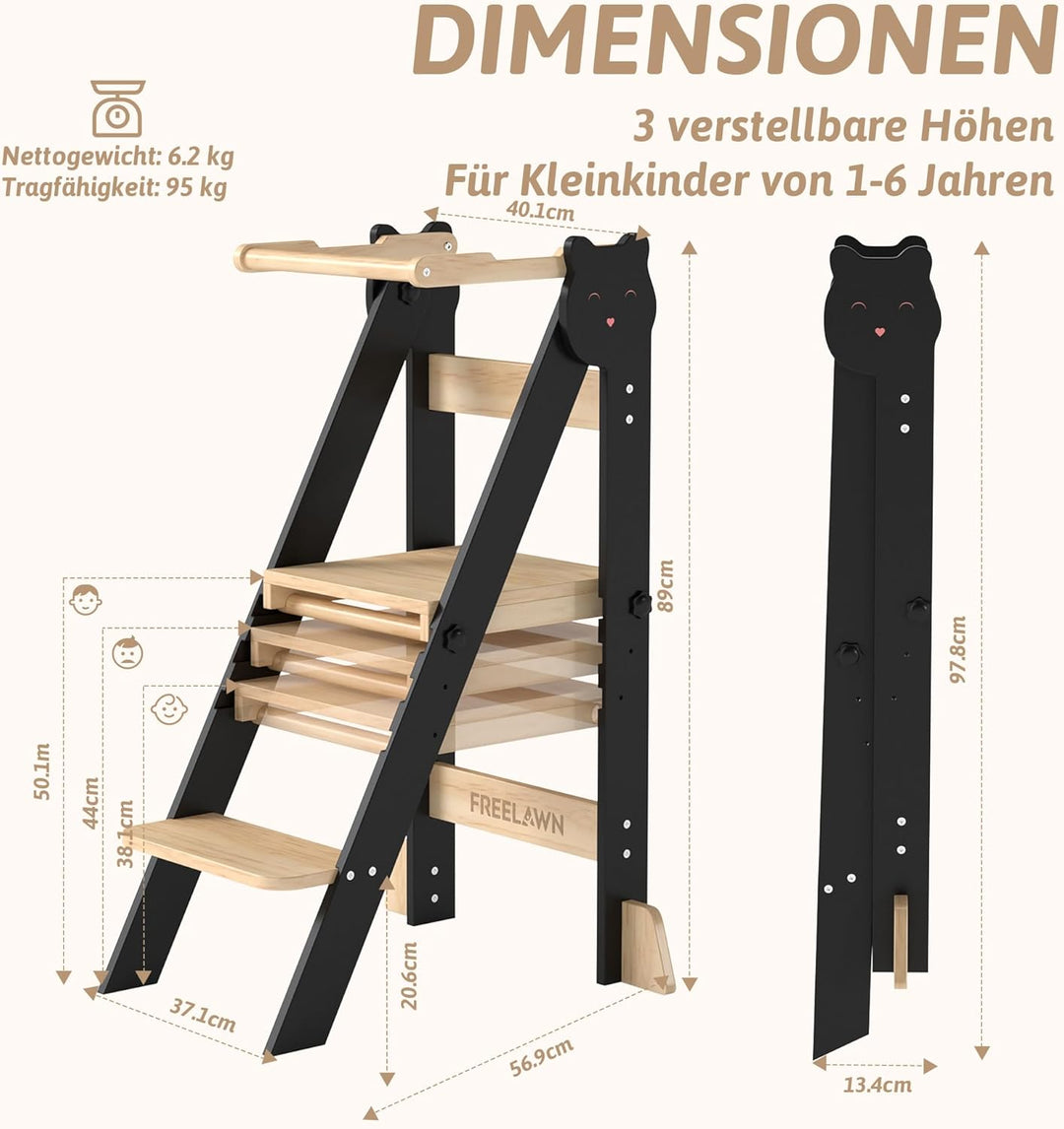 Lernturm Klappbar & 3-Fach Höhenverstellbar - Kippsicherer Learning Tower aus Kiefernholz - Mitwachs