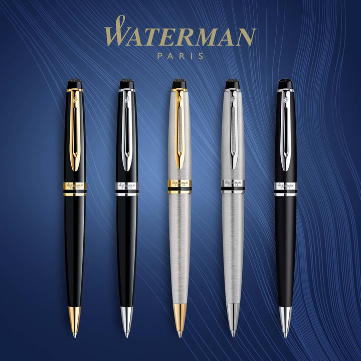 Waterman Expert Kugelschreiber | Hochglänzend Schwarz mit Chromzierteile Mittlere Spitze Blaue Tinte