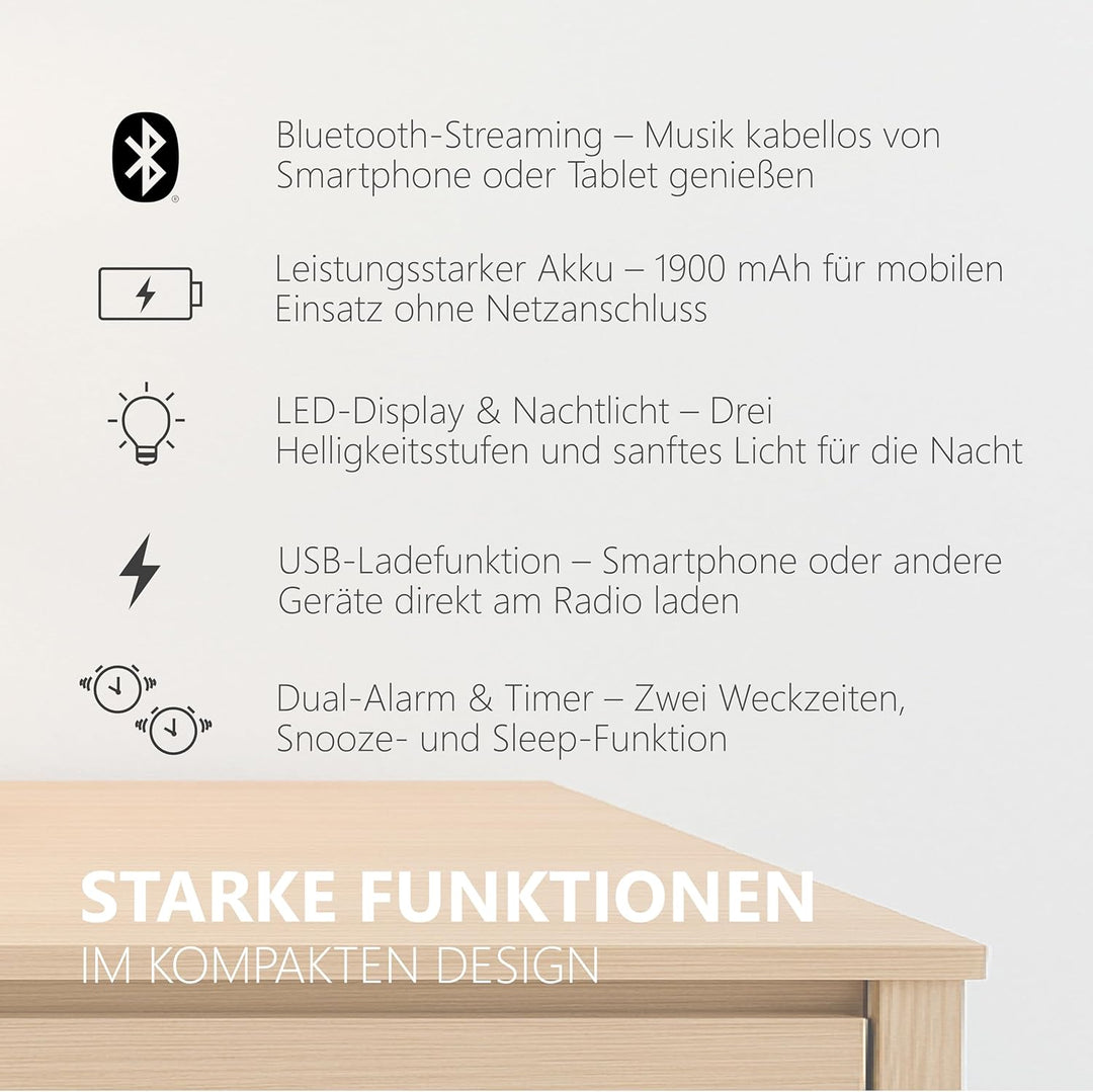 Silva Schneider UR 4200 BT – Kompaktes UKW-PLL-Uhrenradio mit Akku, Bluetooth, Dual-Alarm, Nachtlich
