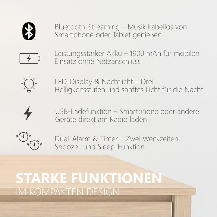 Silva Schneider UR 4200 BT – Kompaktes UKW-PLL-Uhrenradio mit Akku, Bluetooth, Dual-Alarm, Nachtlich