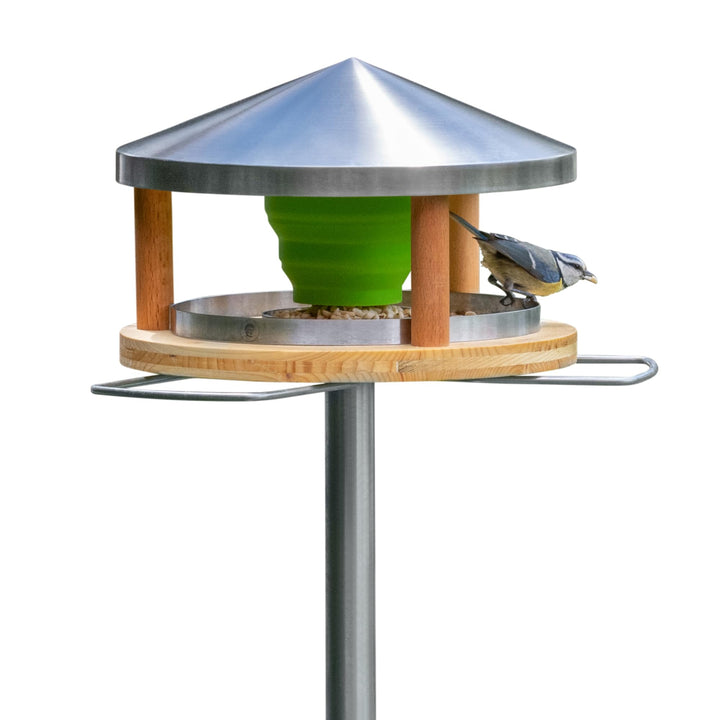 Vogelhaus mit Ständer wetterfest aus Edelstahl - Stabiles Vogelfutterhaus für draussen, modern aus M
