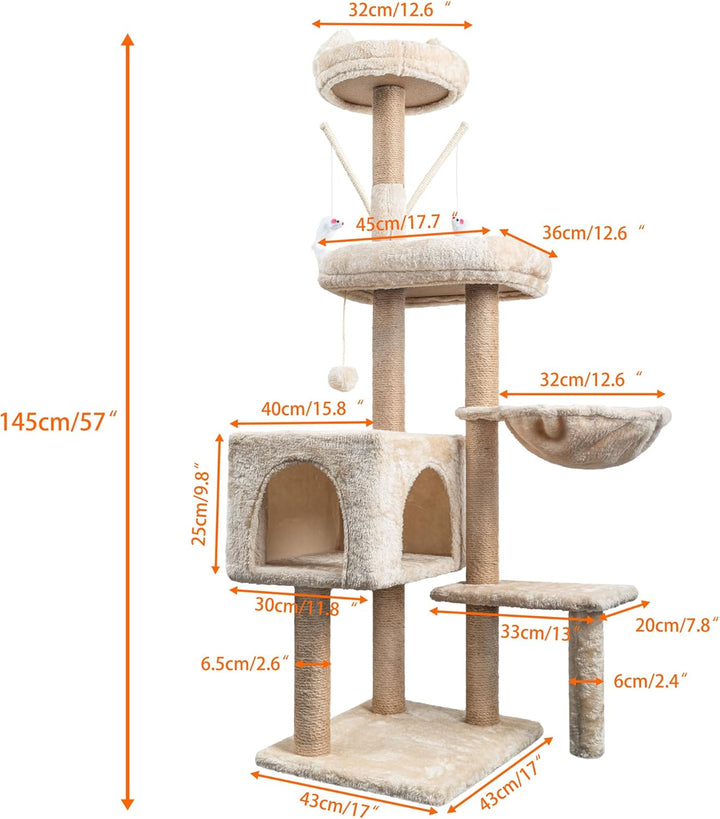 Katzen Kratzbaum, 145 cm Katzenbaum Kletterturm, Kletterbaum Aktivitätskratzbäum mit Säulen vollstän