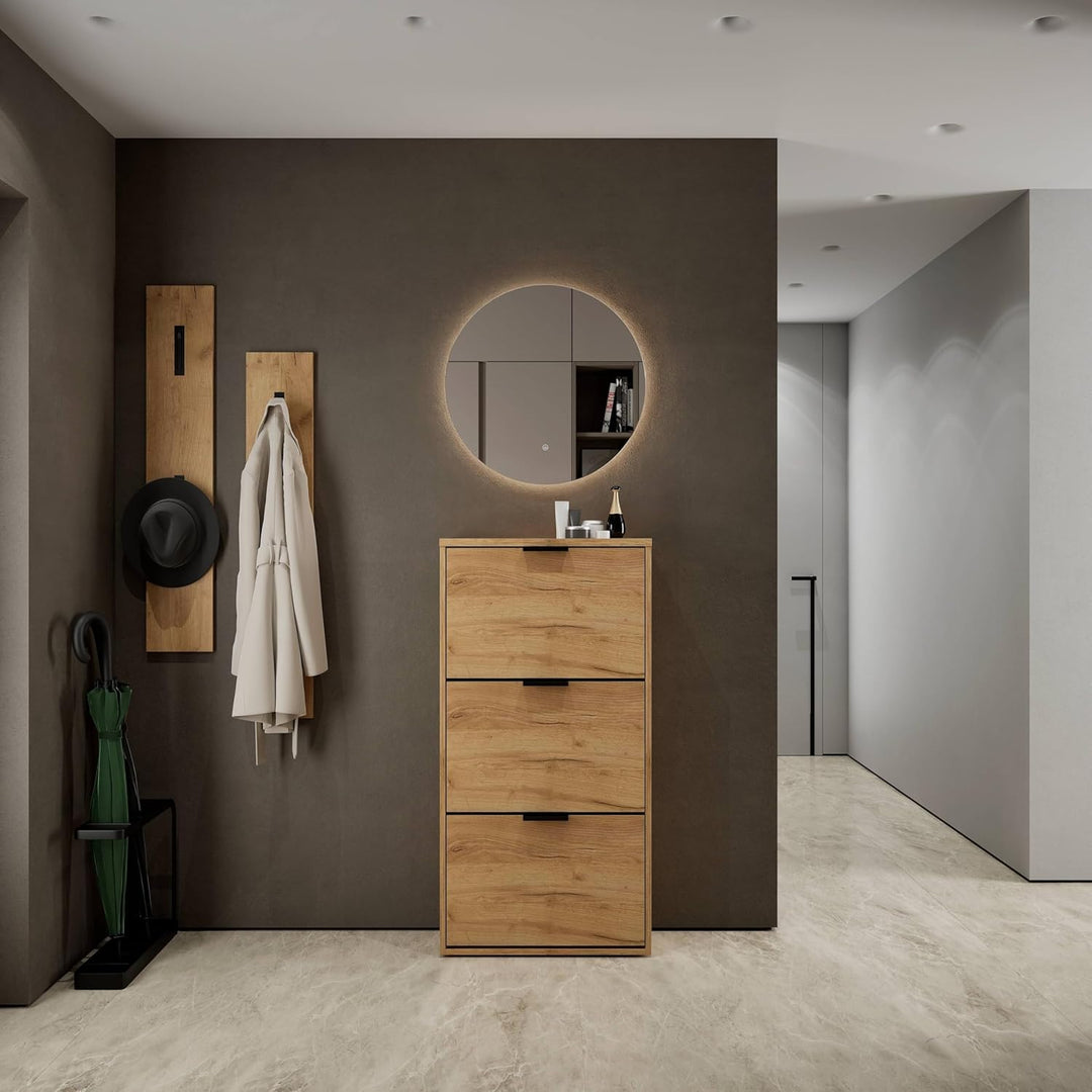 Planetmöbel Schuhschrank schmal mit 3 Klappen platzsparender Schuhregal mit 6 Ablagen, Schuhkommode
