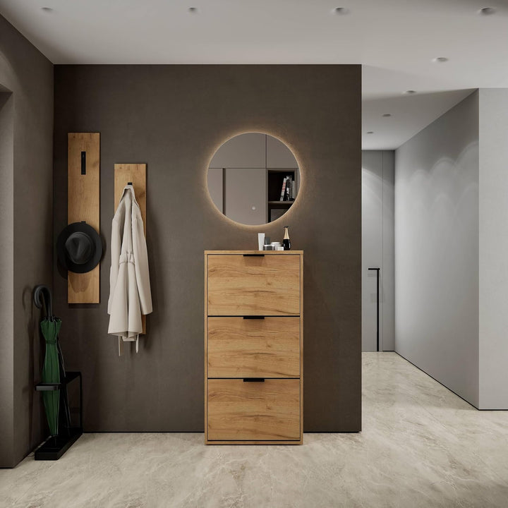 Planetmöbel Schuhschrank schmal mit 3 Klappen platzsparender Schuhregal mit 6 Ablagen, Schuhkommode
