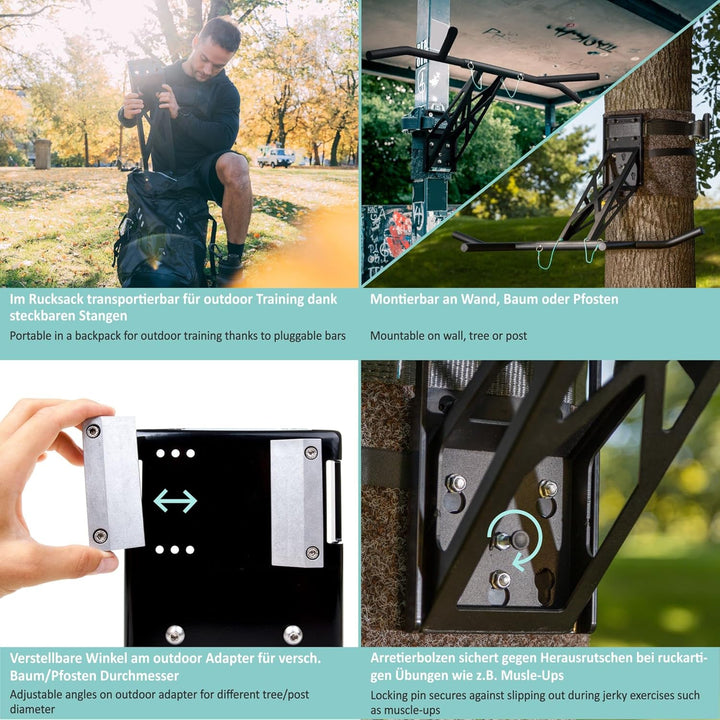 PULLUP & DIP Premium Klimmzugstange und Dip Stange, Mobil für Wand und Befestigung an Baum & Pfosten