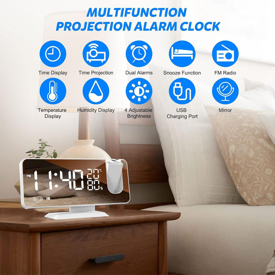 ShinePick Wecker mit Projektion, Projektionswecker, Radiowecker mit Projektion 180°, 6 Projektionshe