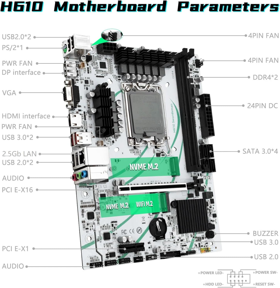 SHANGZHAOYUAN H610 Mainboard LGA 1700 Motherboard (μATX, 2*DDR4, SATA 3.0, USB 3.1, NVME M.2, WiFi M