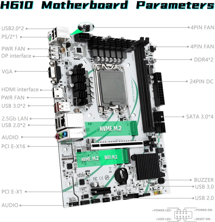 SHANGZHAOYUAN H610 Mainboard LGA 1700 Motherboard (μATX, 2*DDR4, SATA 3.0, USB 3.1, NVME M.2, WiFi M