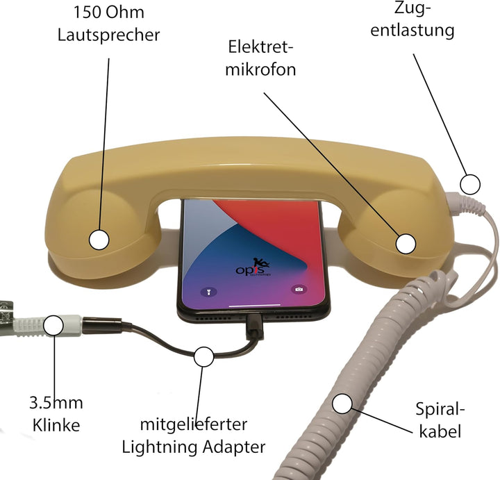 Retro Handyhörer für Apple iPhones mit Lightning (passender Adapter mit inbegriffen) in der Form ein