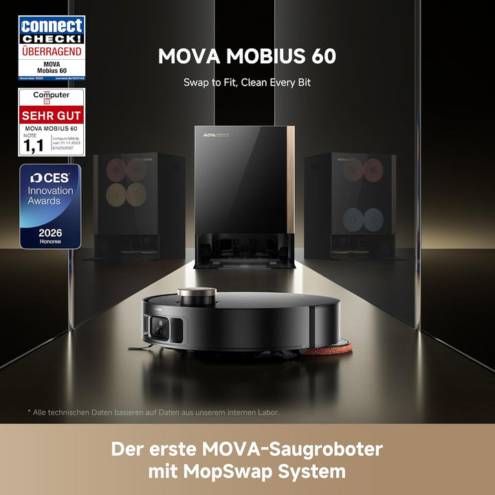 Mova Mobius 60 Saugroboter mit MopSwap-System, 30.000 Pa Saugleistung, dynamischem Saugrückhaltesyst