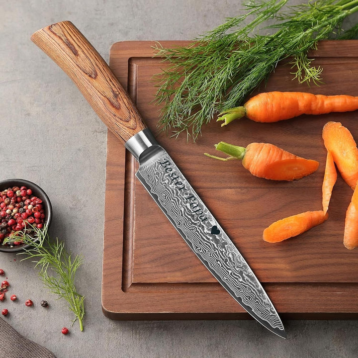 Wakoli EDIB Pro Damast Fleischmesser mit Gravur – Personalisiertes Tranchiermesser, 17cm Klinge aus