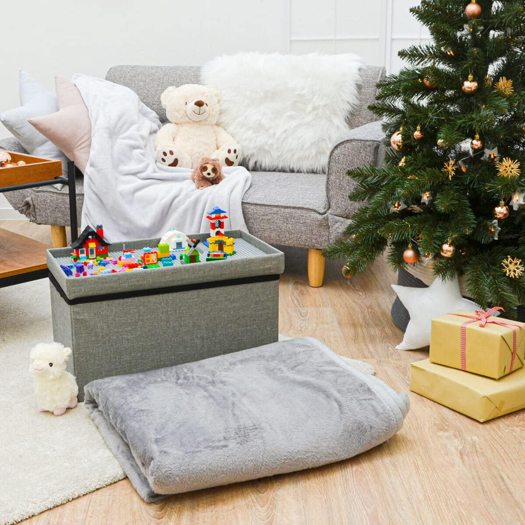 DuneDesign Kinder Aufbewahrungsbox mit Bauplatte im Deckel - 53x27x30 Sitzbank - Baustein Spieltisch