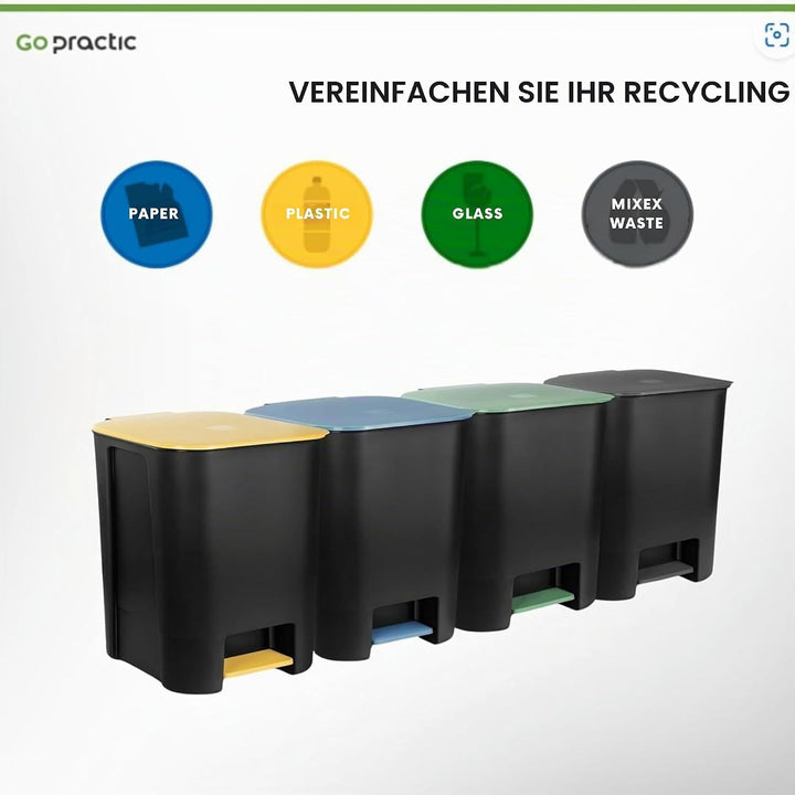 Treteimer Set 3x 25L, Tretmülleimer mit Pedal, Gelb, Grün, Blau Mülleimer, Mülltrennsystem für Papie