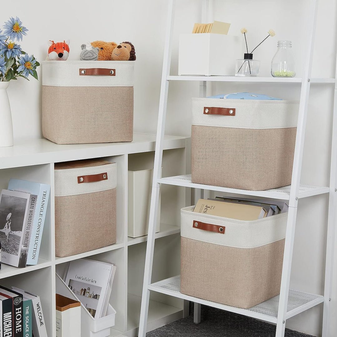 Mangata Aufbewahrungsboxen aus Stoff, Würfelform, 33 x 38 x 33 – 4 Stück, Light Khaki und Weiss 33x3