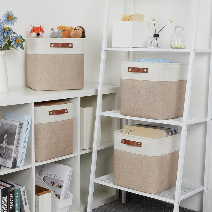 Mangata Aufbewahrungsboxen aus Stoff, Würfelform, 33 x 38 x 33 – 4 Stück, Light Khaki und Weiss 33x3