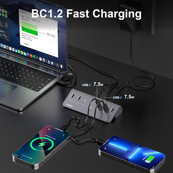 FIDECO USB Hub mit Netzteil, 7 Port USB 3.2 Gen 2, 10Gbit/s Schneller Datenhub, Vollaluminium-Verlän