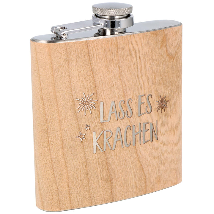 Spruchreif | Flachmann aus Edelstahl mit Gravur "Lass es krachen" | Flachmann aus Holz 170 ml | Gesc