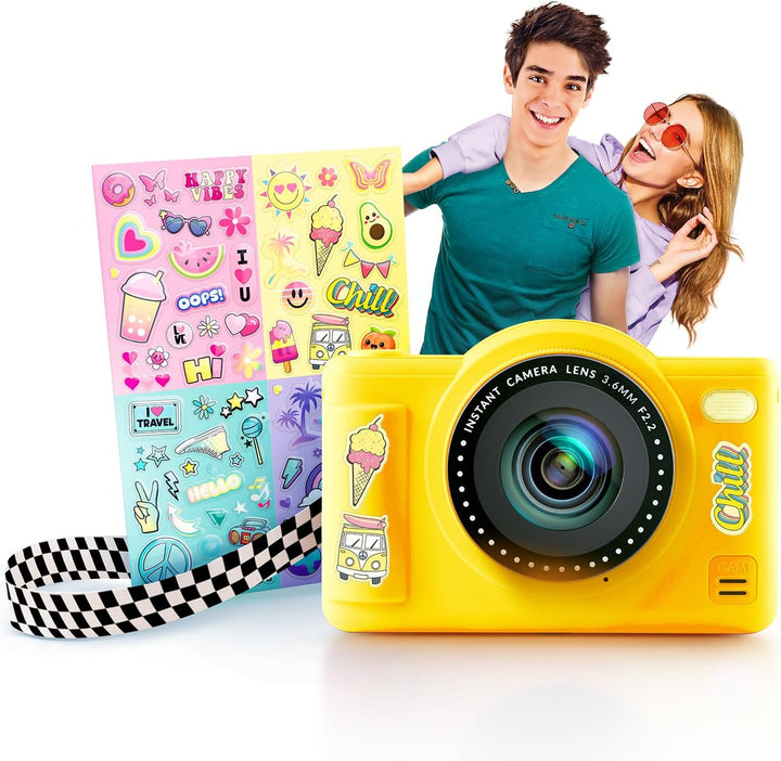 C Toys Digitalkamera für Kinder, Doppelobjektiv – kompakte Mini-Kamera Gelb mit Selfiemodus für 8 Ja