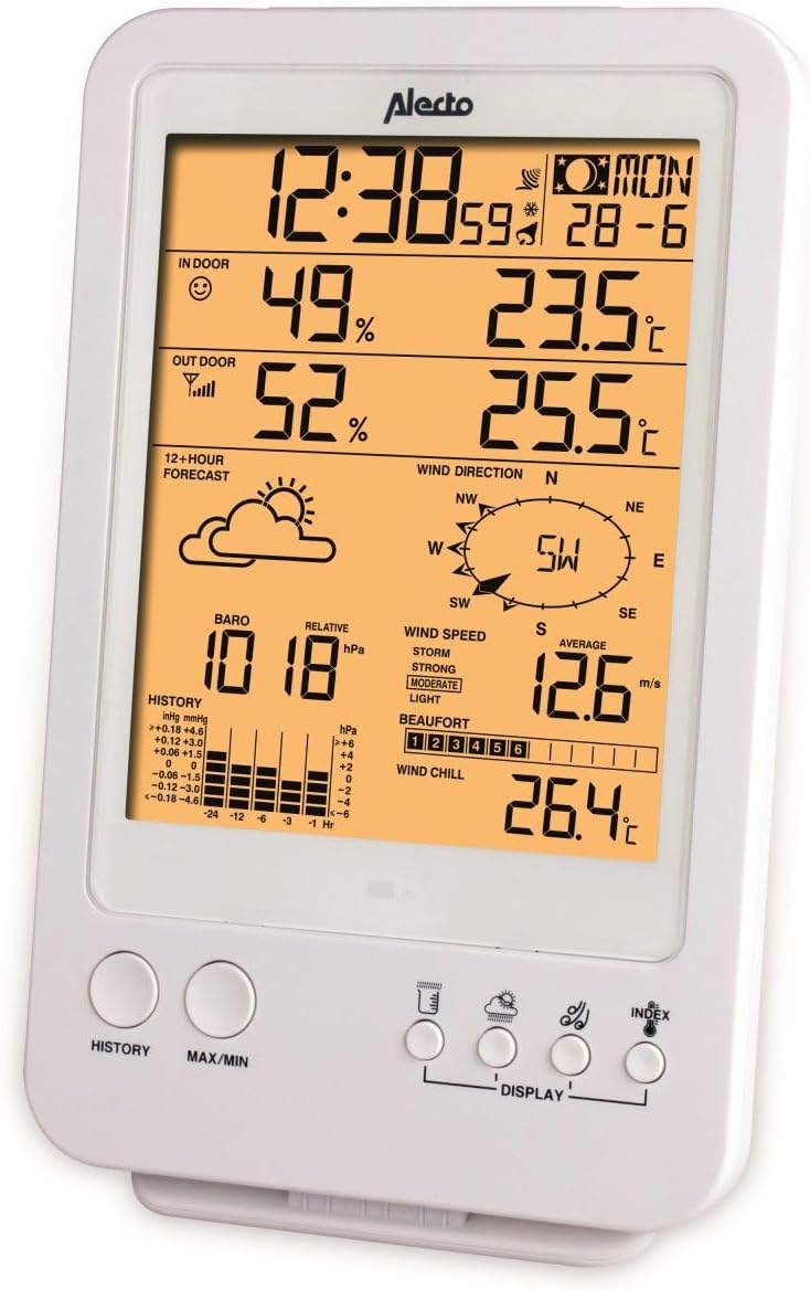 Alecto WS-4800 Funk Wetterstation mit grossem Display. Misst die Temperatur, Windgeschwindigkeit, Lu