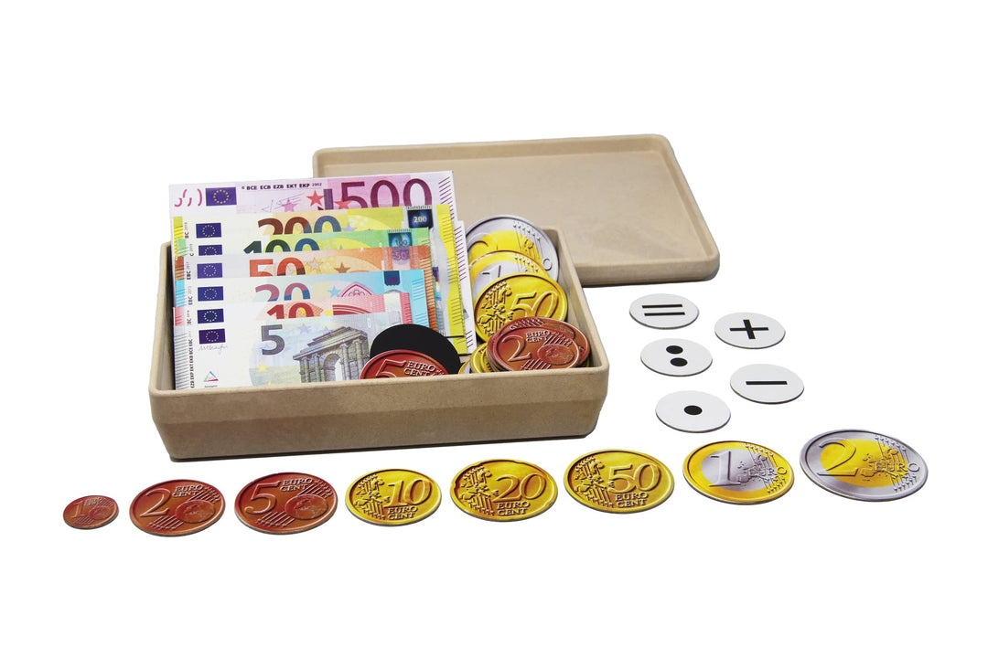 WISSNER® Magnetisches Euro Spielgeld – 100 Teile Set mit Scheinen, Münzen & Rechenzeichen, ideales L