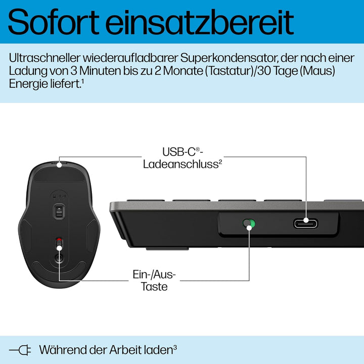 HP 720 Kabellose Tastatur und Maus Set – Wiederaufladbar, Multi-Device, QWERTZ Deutsches Layout, Blu