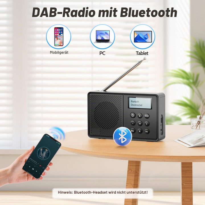 Arafuna DAB Plus Radio mit 40 Voreinstellungen, DAB Radio mit Bluetooth, 2200mAh Digitalradio, Dual