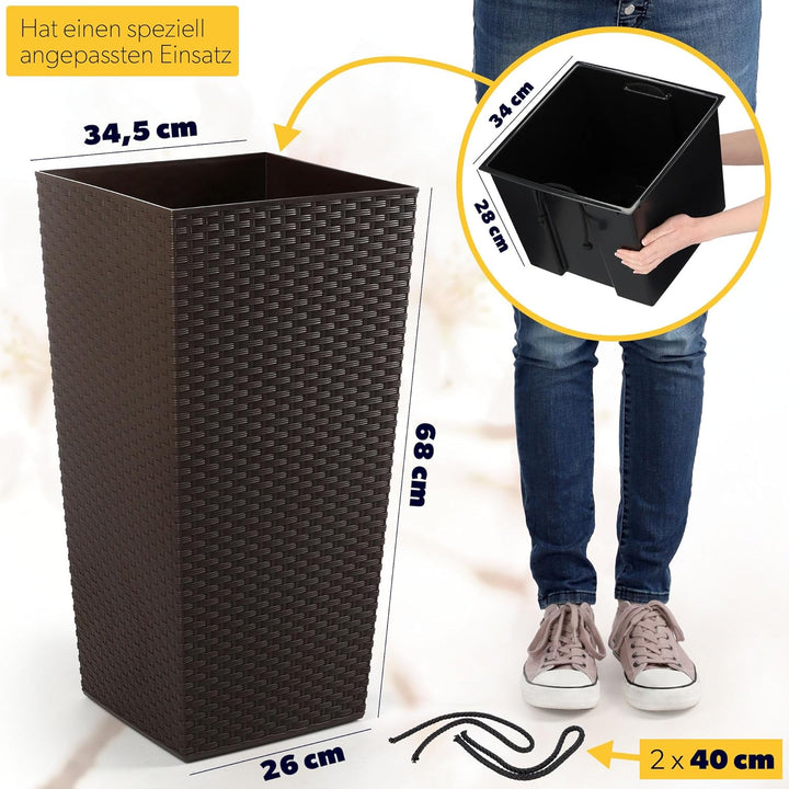 KADAX Pflanzkübel mit Innentopf, Höhe 68cm, Mokka Rattan – Wetterfester Blumentopf für Innen & Ausse