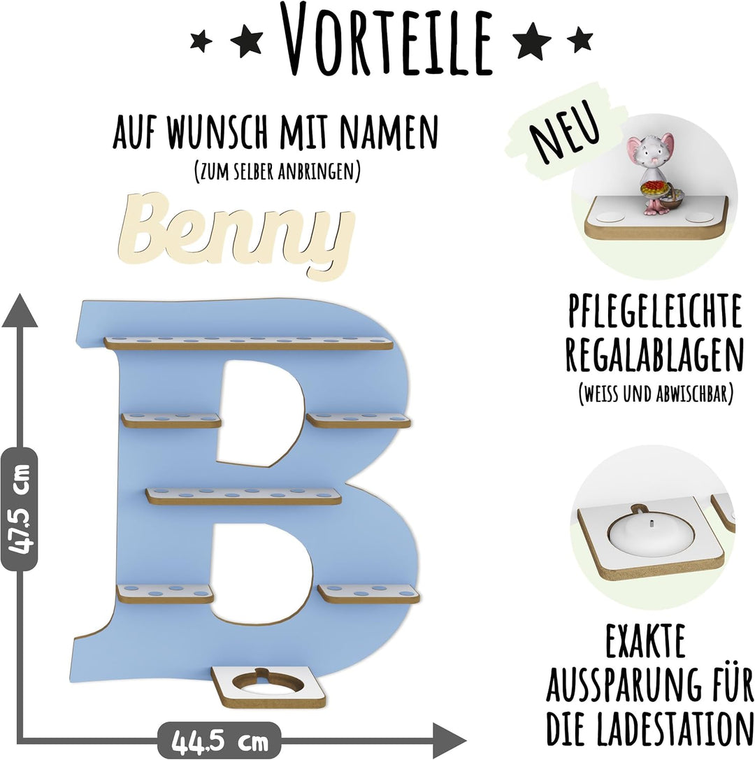 Regal Buchstabe für Toniebox, Wandregal für Tonie Figuren, personalisiert mit Name, Aufbewahrung für
