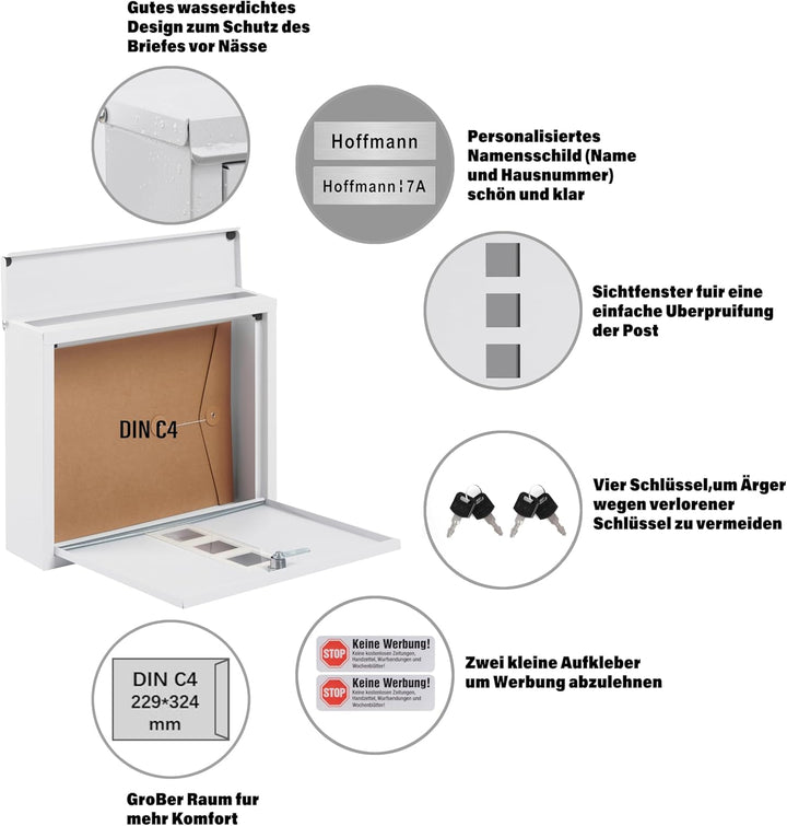 Zedelmaier XL personalisiert Briefkasten mit Edelstahl Namensschild Weiss Wandbriefkasten Postkasten