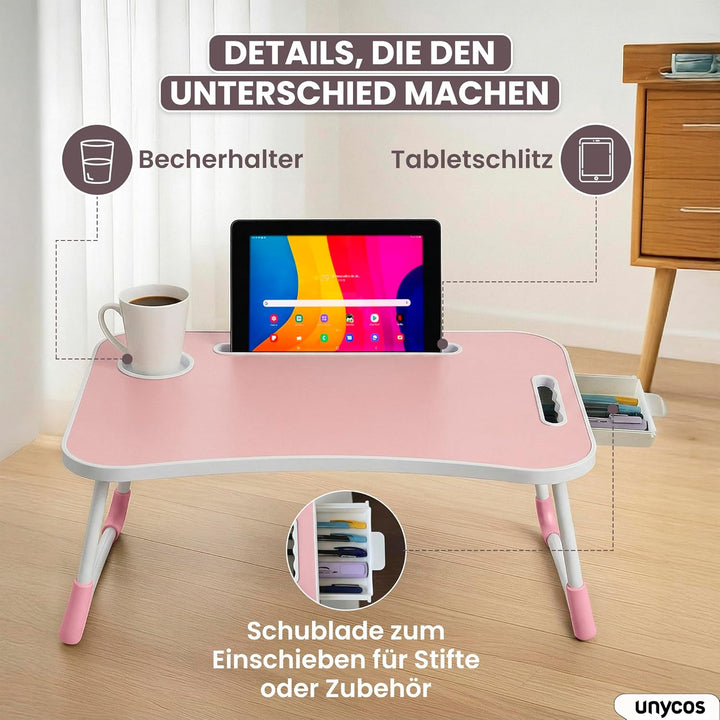 unycos - Betttablett Klappbar, Frühstückstablett mit Griff und Getränkehalter, Serviertisch, Ideal f