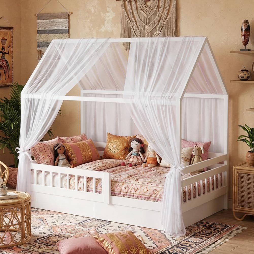 Hausbett Himmel Set, 2 Stück Hausbett Himmel für Kinderbett, 150 x 350 cm, Leichte Atmungsaktive Sto
