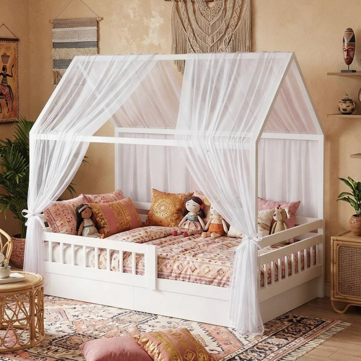 Hausbett Himmel Set, 2 Stück Hausbett Himmel für Kinderbett, 150 x 350 cm, Leichte Atmungsaktive Sto