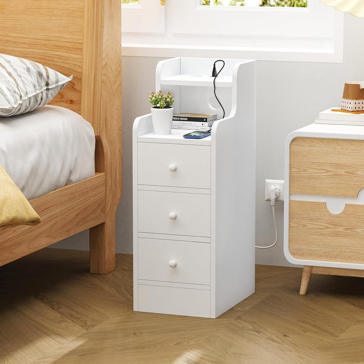 PIPIPOXER Nachttisch 2er Set mit Steckdose & USB, Schmaler Nachttisch, Nachtschrank Weiss Hochglanz