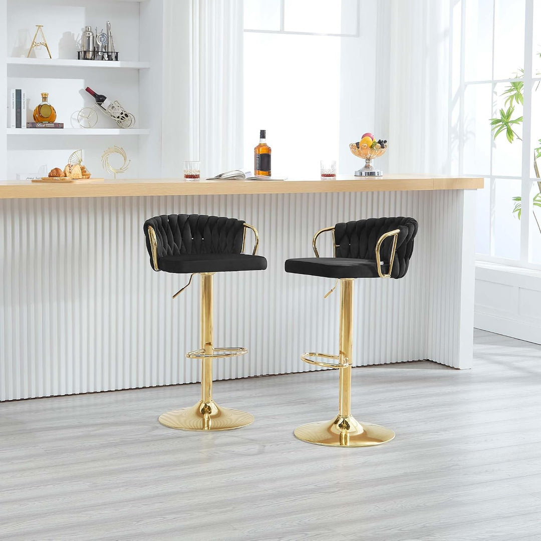 WOLTU Barhocker 2er Set, mit geflochtener Lehne, Samtstuhl, Schwarz