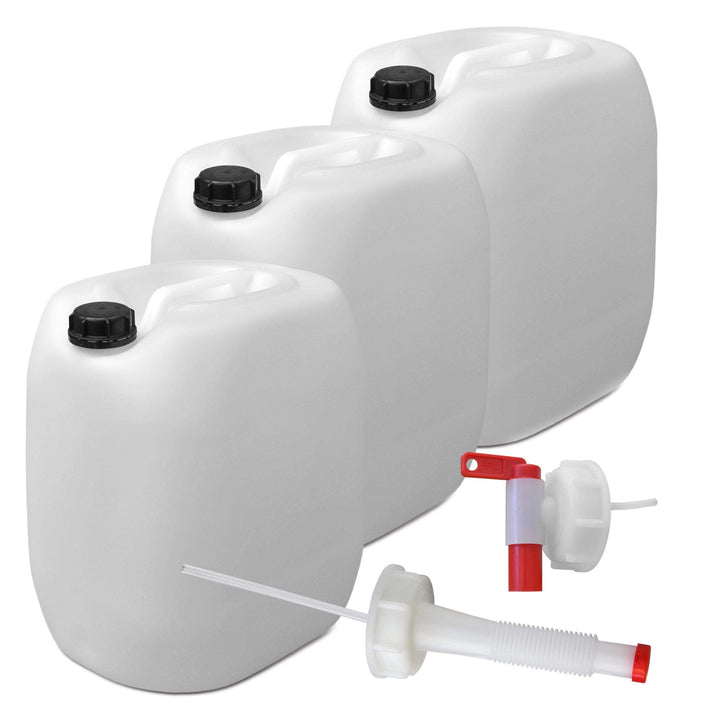 plasteo® 3er Stück Set: 30L Getränke- Wasserkanister Natur mit Hahn, Schraubdeckel und flexiblem Aus