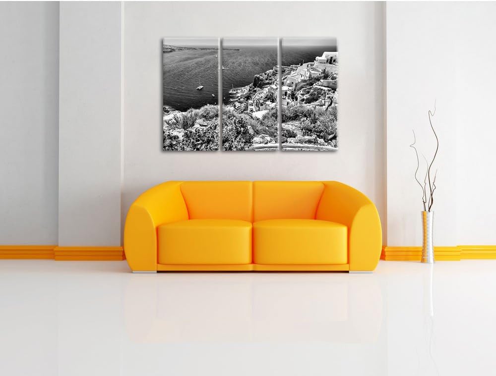 Pixxprint Monocrome, Griechische Küste 3-Teiler Leinwandbild 120x80 Bild auf Leinwand