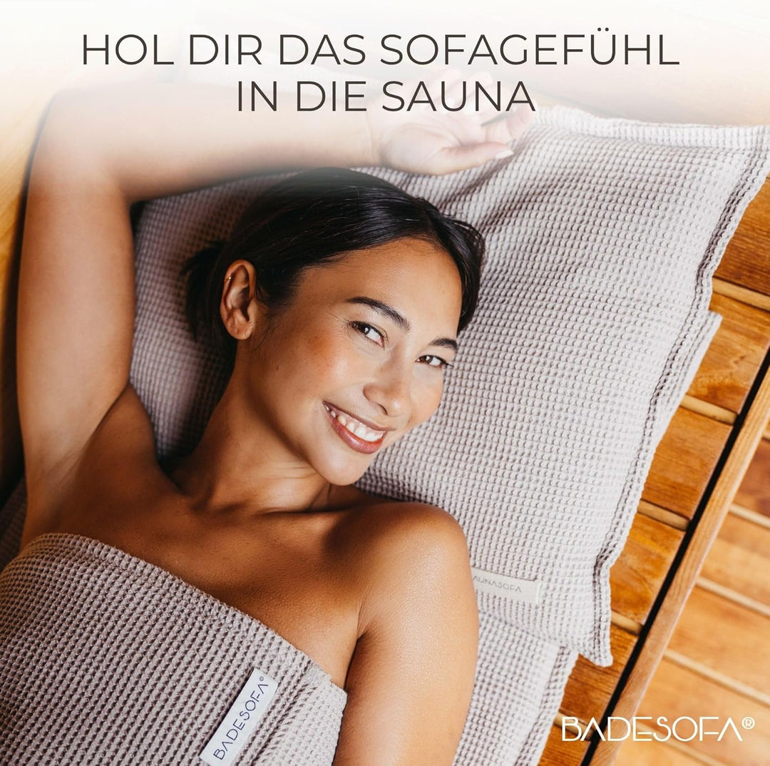 SAUNASOFA Sauna Set - Kissen 40x50 cm & Handtuch 100x200 cm aus Baumwolle - Waschbar & hitzebeständi