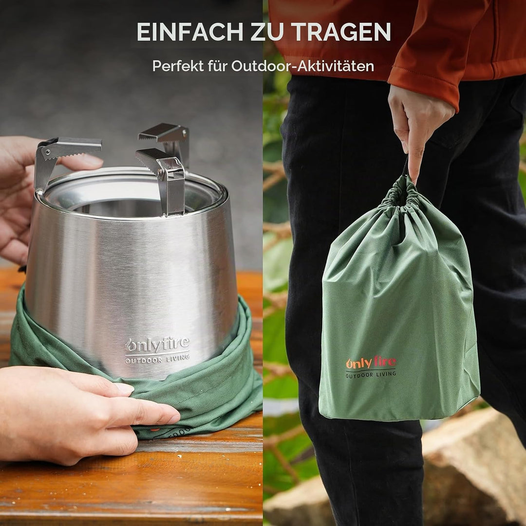 Onlyfire Edelstahl Tischfeuer mit Topfhalter und Tragetasche, Raucharmer Mini Tischkamin für Pellets