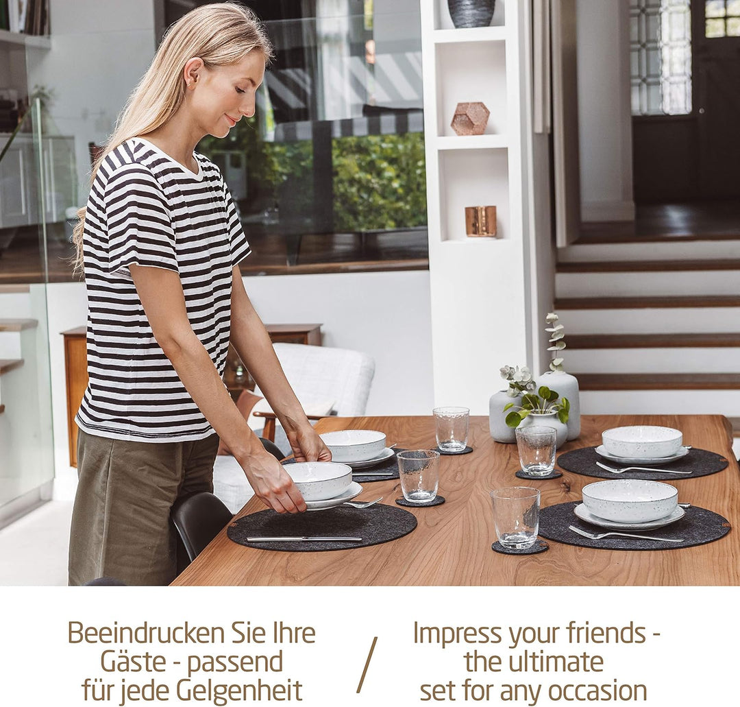 Miqio® Design Runde Tischsets aus Filz abwaschbar | Mit Marken Echtleder Label und Glasuntersetzer |