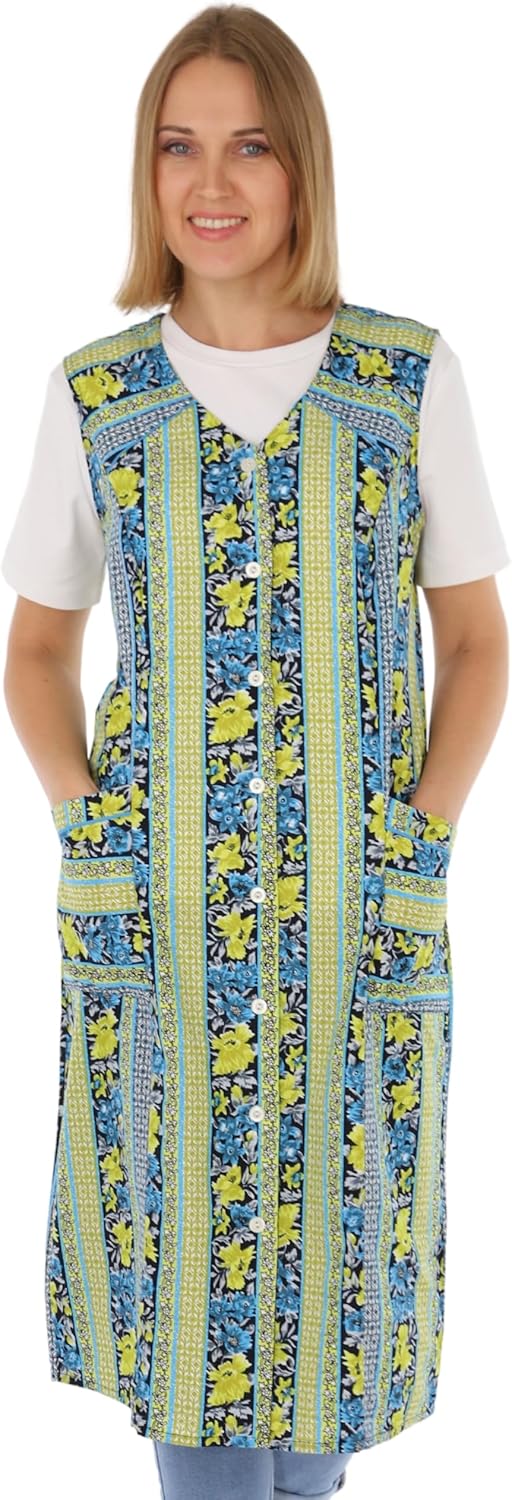 Knopfkittel Baumwolle bunt Kochschürze Hauskleid Kittel Schürze ohne Arm 38 Grün, 38 Grün