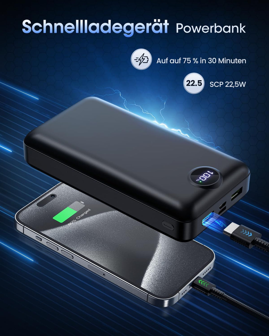 PowerBank 50000mAh grosse kapazität, 22,5W schnelles Aufladen externer Akku USB-C 3 Ausgänge und 2 E