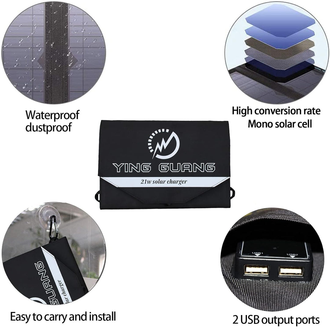 21W Faltbares Solar Ladegerät Tragbar Solarpanel wasserdicht, mit Zwei USB-Anschlüssen, für Camping,