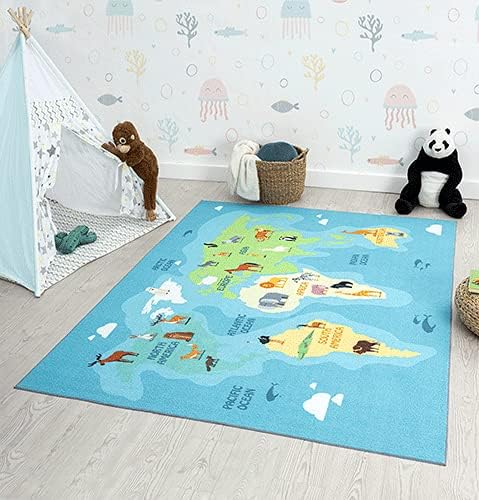 the carpet Happy Life – Spielteppich Weltkarte mit Tieren & Kontinenten, Kinderteppich für Kinderzim