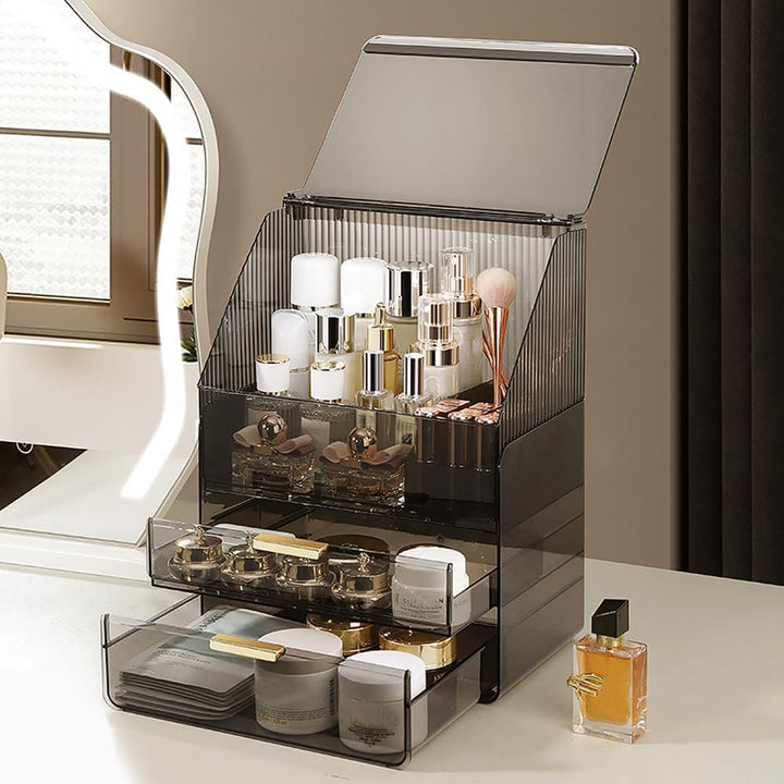 Grosse Make-up-Aufbewahrungsbox, 3-stöckig – Kosmetik-Organizer für die Theke mit Deckel, Schminktis