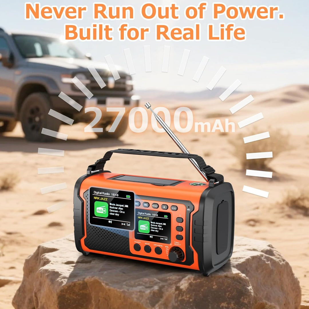 27000mAh DAB/DAB+ Notfallradio mit Kurbel, Solar & USB Laden, Bluetooth 5.3, Powerbank-Funktion, SOS