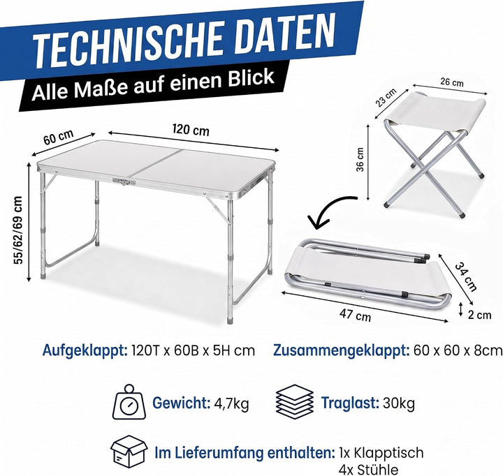GOODS+GADGETS Klappbarer Multifunktionstisch Mehrzwecktisch Campingtisch Klapptisch Markttisch höhen